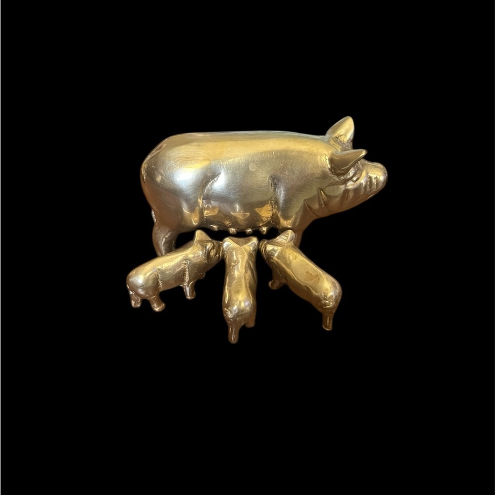 Vintage Solid Brass Pig Family - Sow & 3 Piglets Nursing Set